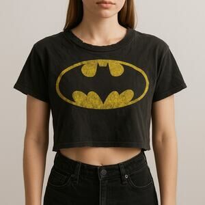 Grunge Y2K Batman Logo Tee Black Distressed DC Comics Shirt Cropped M